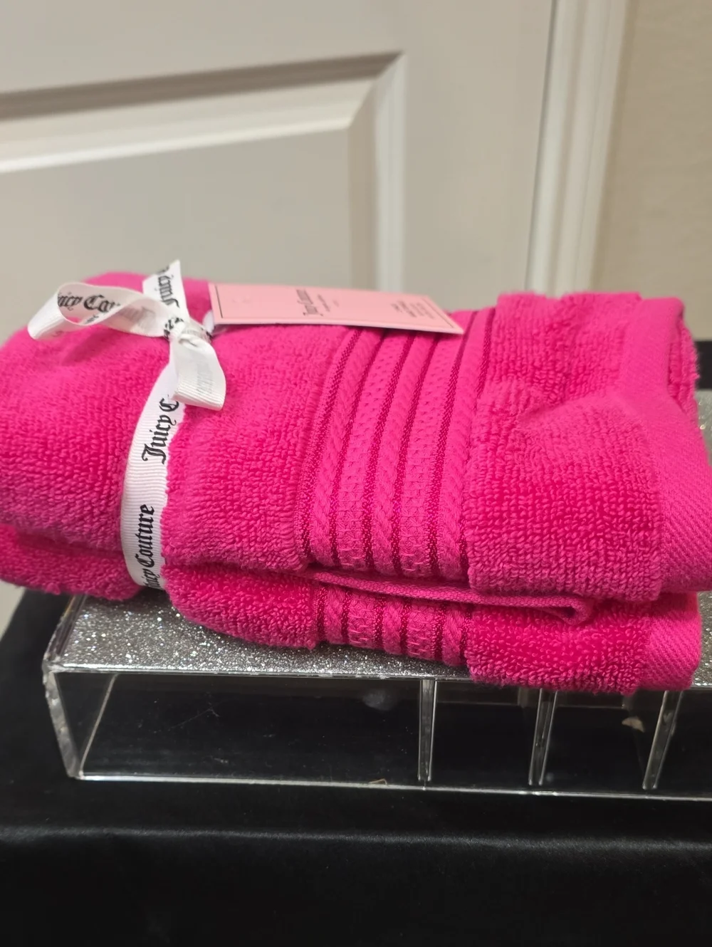 Juicy Couture Home Pink Embroidered Stripes Plush Hand Towel Set- Pink